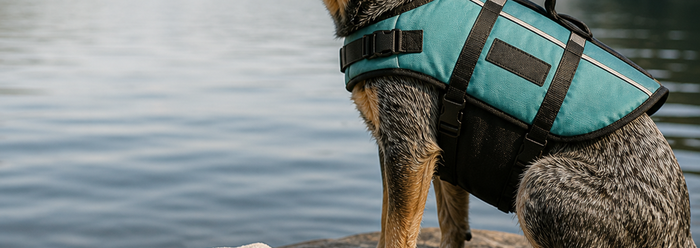 Dog wearing a teal life jacket near the water