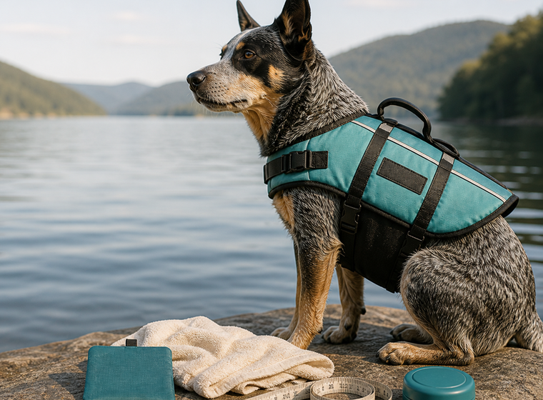 Dog wearing a teal life jacket beside the water