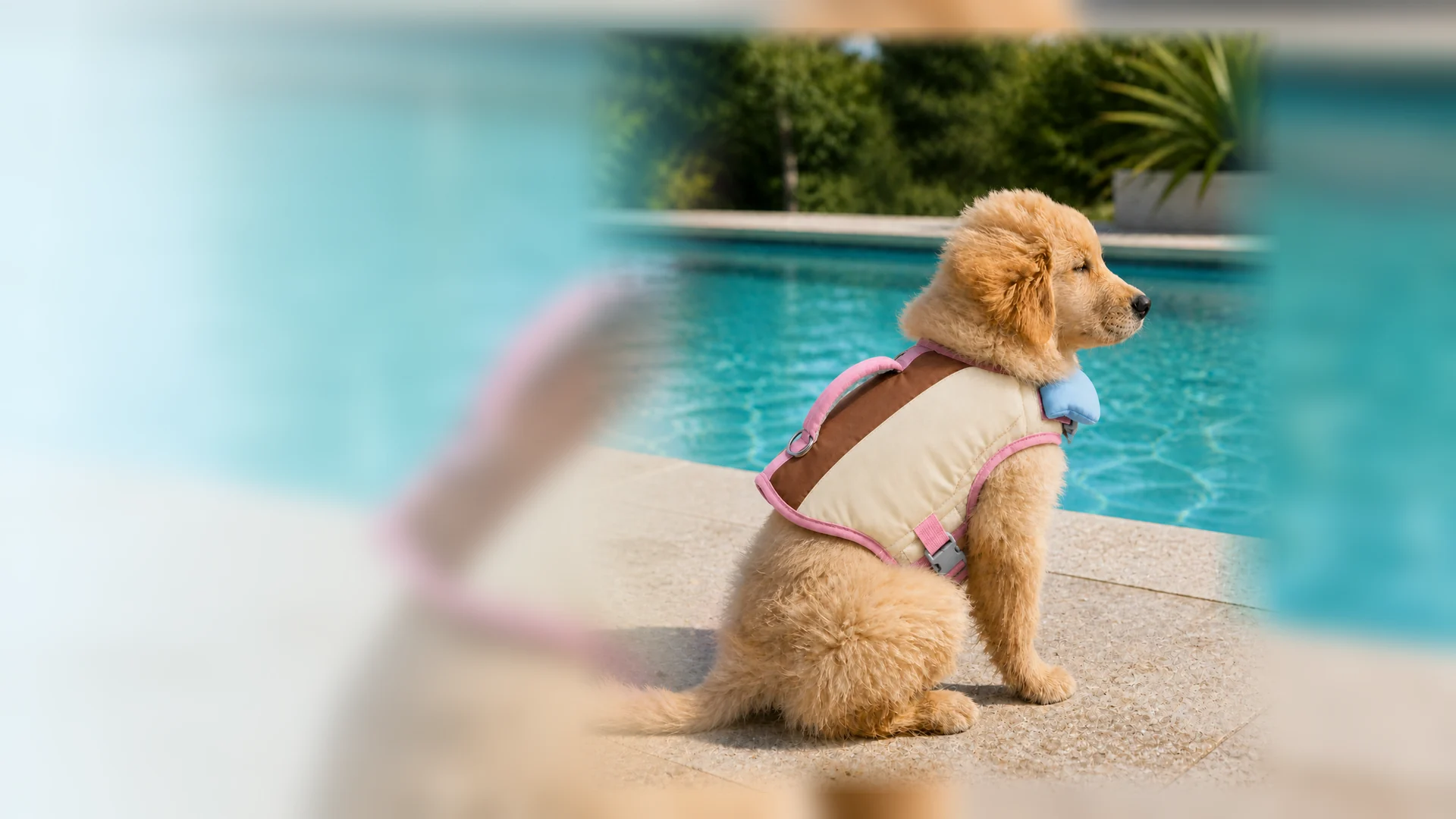 Dog wearing a Talenori life jacket near clear water
