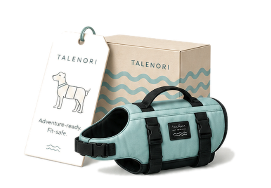Talenori tag, shipping box, and teal dog life jacket