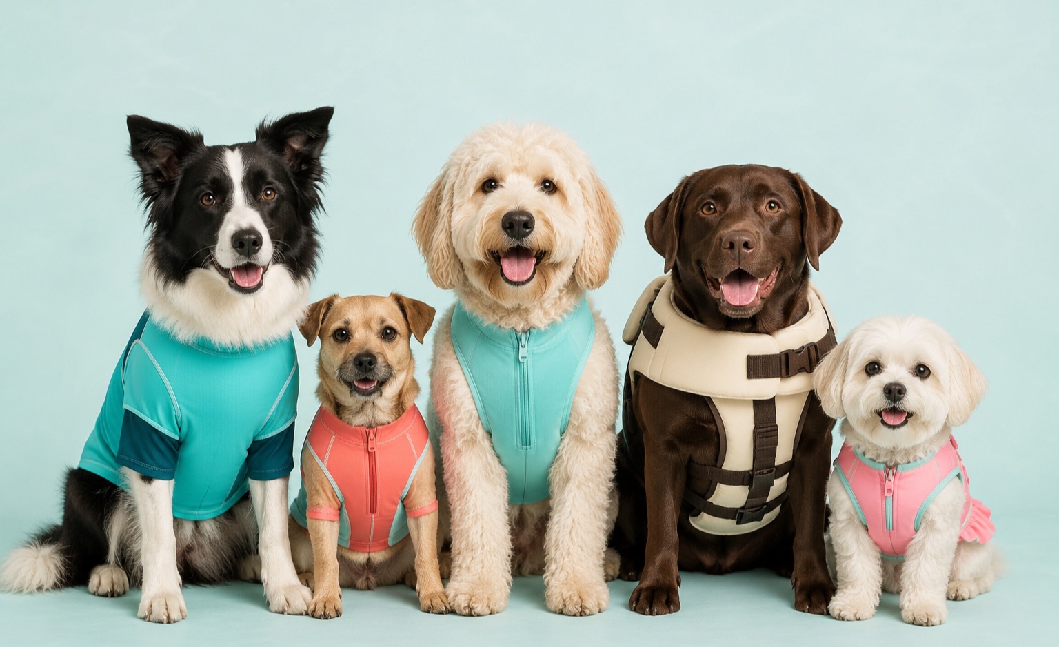Dogs wearing Talenori water-ready swimwear