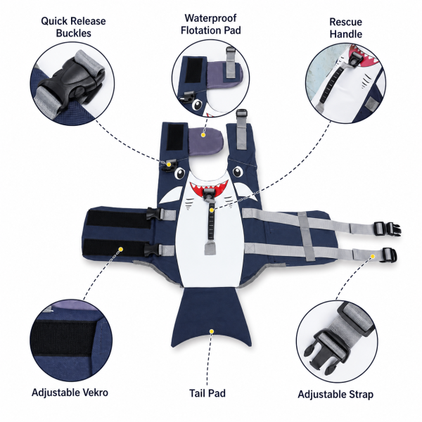 Talenori 媒体包候选图 - 卖点说明图 Talenori dog life jacket feature diagram showing straps, flotation pad, rescue handle, velcro, and tail pad