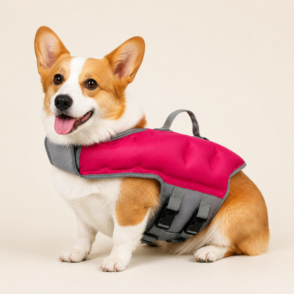 Talenori 媒体包候选图 - 狗狗上身图 Dog wearing a red Talenori vest-style life jacket with handle and belly straps