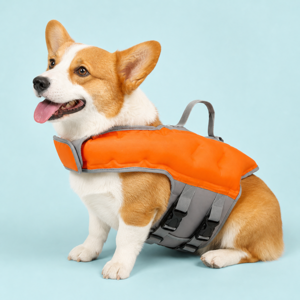 Talenori 媒体包候选图 - 水日细节图 Dog wearing an orange Talenori vest-style life jacket in a water-day product photo