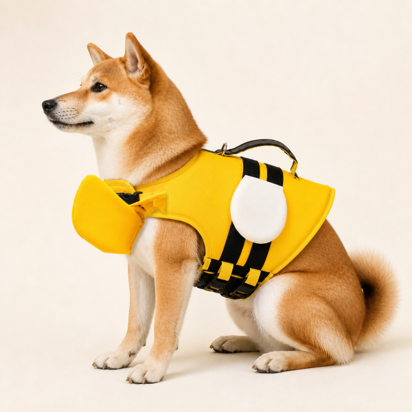 Talenori 媒体包候选图 - 狗狗上身图 Dog wearing a yellow Talenori bee-style life jacket showing chest, shoulder, and handle fit
