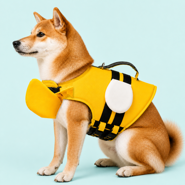 Talenori 媒体包候选图 - 水日细节图 Dog wearing a yellow Talenori bee-style life jacket for a water-day fit check